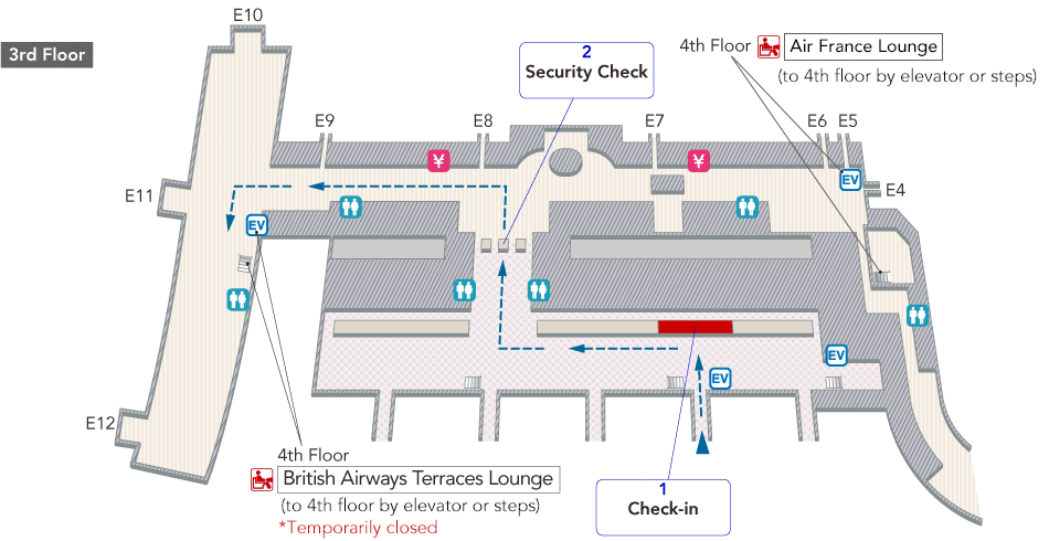 On the 3rd floor, there are elevators, stairs, escalators, check-in counters, and toilets (wheelchair accessible), and Once you pass through security, there are currency exchange offices, toilets (wheelchair accessible), and elevators to the British Airways Terraces Lounge.