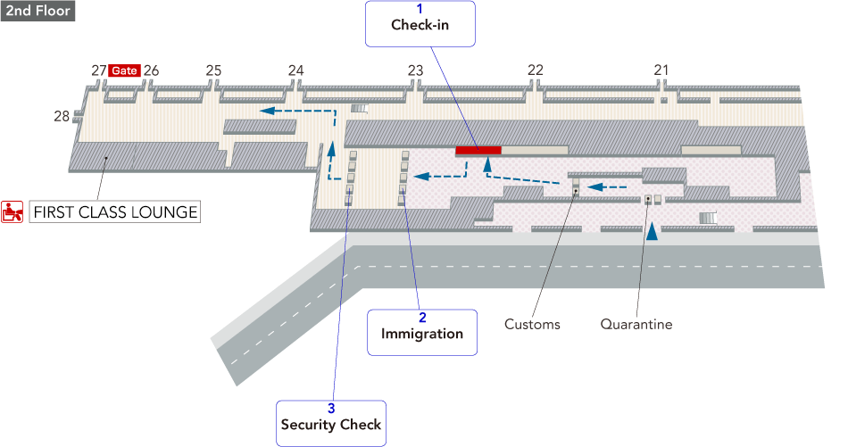 At Terminal 1, there are elevators, check-in counters, E and F counters, and toilets (wheelchair accessible), and Once you pass through security, there are currency exchange offices and the Air France lounge.