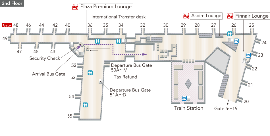 On the 2nd floor, there are Arrival bus gates and stairs/escalators to the 1st floor.
On the 1st floor, there are immigration control, toiletsand baggage claim.
Once you pass through customs, there are toilets, currency exchange offices and elevators
You can find buses and taxis outside.