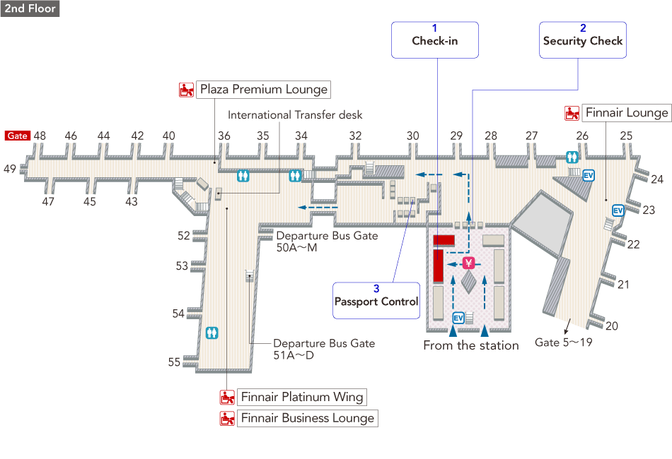 At the 2nd floor Departure area, there are check-in counters, elevators, currency exchange offices, toilets. Once you pass through security, there are currency elevators, toilets, Finnair Lounge. After passing through immigration control and Auto gates for Japanese nationality holders, there are transit counters, toilets, Finnair Platinum Wing and Finnair Business Lounge.