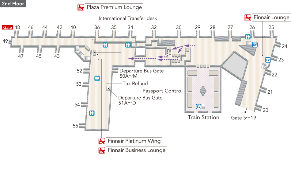 At the 2nd floor Departure area, there are check-in counters, elevators, currency exchange offices, toilets.
Once you pass through security, there are currency exchange offices, elevators, toilets, Finnair Lounge and Tax Refund.
After passing through  immigration control and Auto gates for Japanese nationality holders, there are transit counters, toilets, Finnair Premium Lounge and Finnair Lounge.