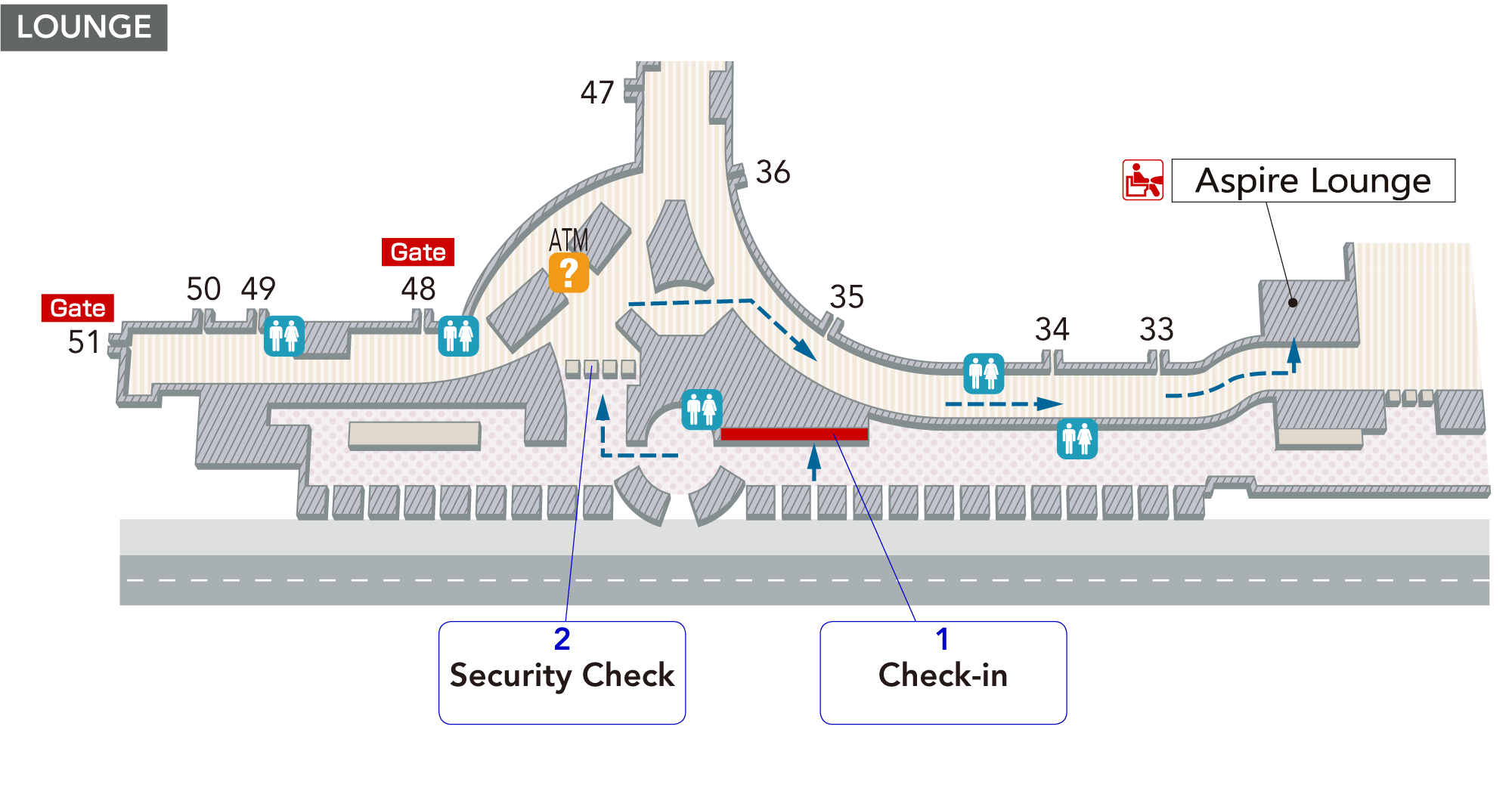 On the 2nd floor, there are check-in counters, toilets (wheelchair accessible), stairs and escalators from the 1st floor, and Once you pass through security, there is the Aspire Lounge.