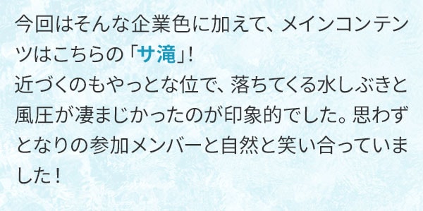 今回はそんな企業色に加えて、メインコンテンツはこちらの「サ滝」！近づくのもやっとな位で、落ちてくる水しぶきと風圧が凄まじかったのが印象的でした。思わずとなりの参加メンバーと自然と笑い合っていました！