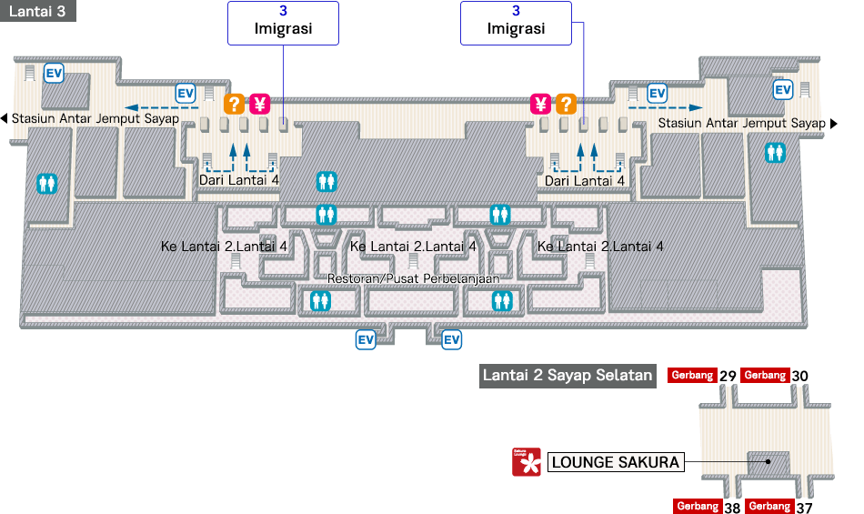 Setelah melewati kontrol imigrasi di lantai 3, terdapat kantor penukaran mata uang, konter informasi bandara dan tangga/eskalator ke lantai 2 dan 4. Di lantai 2, terdapat Lounge Sakura.