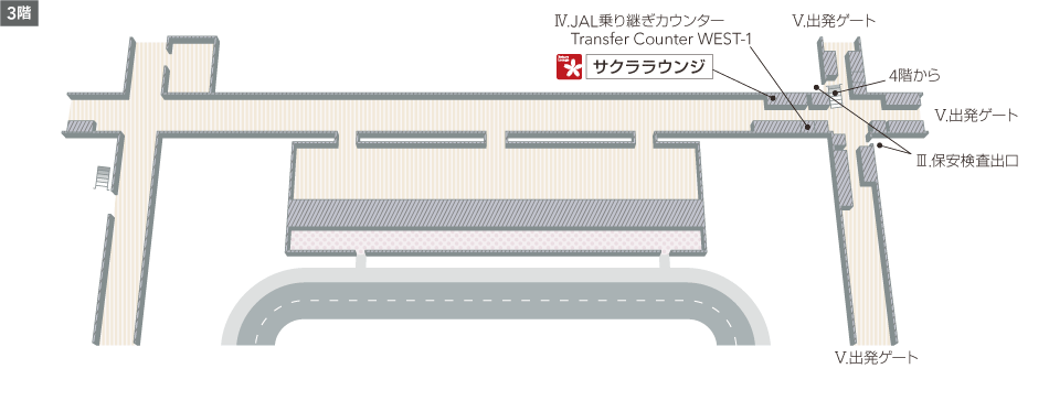 3階にはサクララウンジ、4階からの階段・エスカレーター、保安検査出口、出発ゲート、JAL乗り継ぎカウンターWEST-1があります。