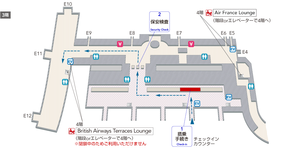 3階にはエレベーター、階段・エスカレーター、チェックインカウンター、トイレがあり、保安検査を通過すると両替所、トイレ、Air France Lounge（4階）への階段・エレベーターがあります。