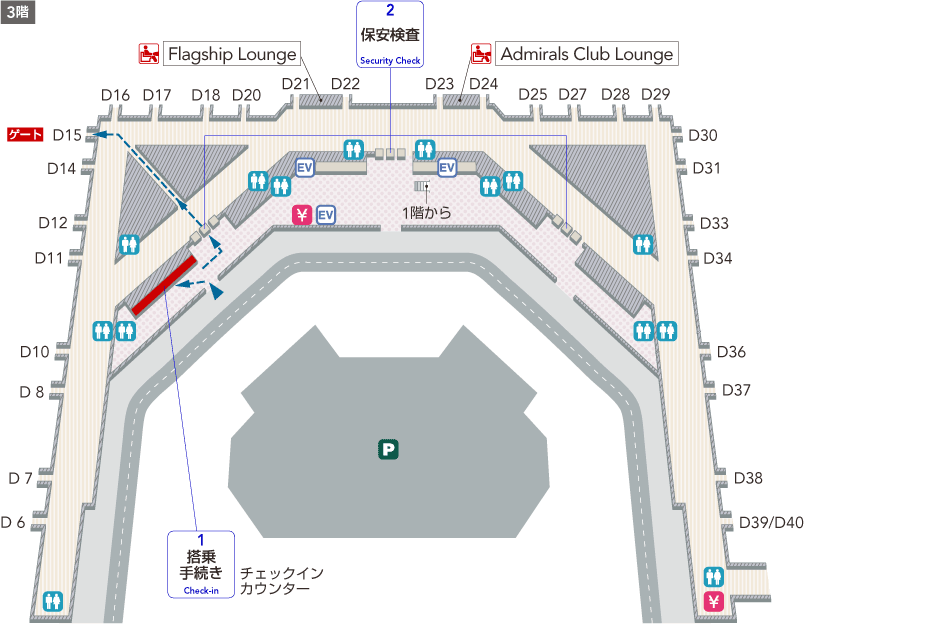 3階にはエレベーター、階段・エスカレーター、チェックインカウンター、トイレがあり、保安検査を通過すると両替所、トイレ、Flagship Lounge、Admirals Club Loungeへのエレベーターがあります。