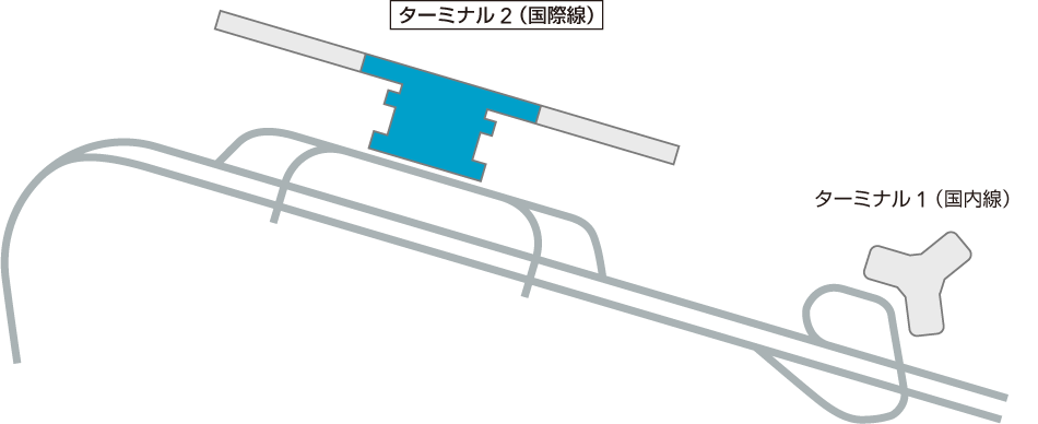 ターミナル1（国内線）右手にターミナル2（国際線）があります。