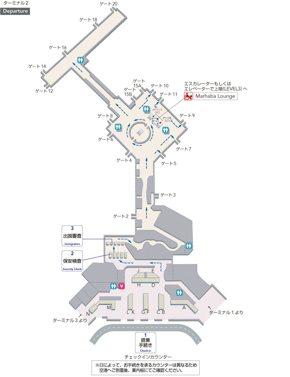 1階搭乗手続きエリアにはチェックインカウンター、両替所、トイレ、保安検査があり、出国審査を抜けるとトイレ、階段・エスカレーターがあります。3階にはMarhaba Loungeがあります。