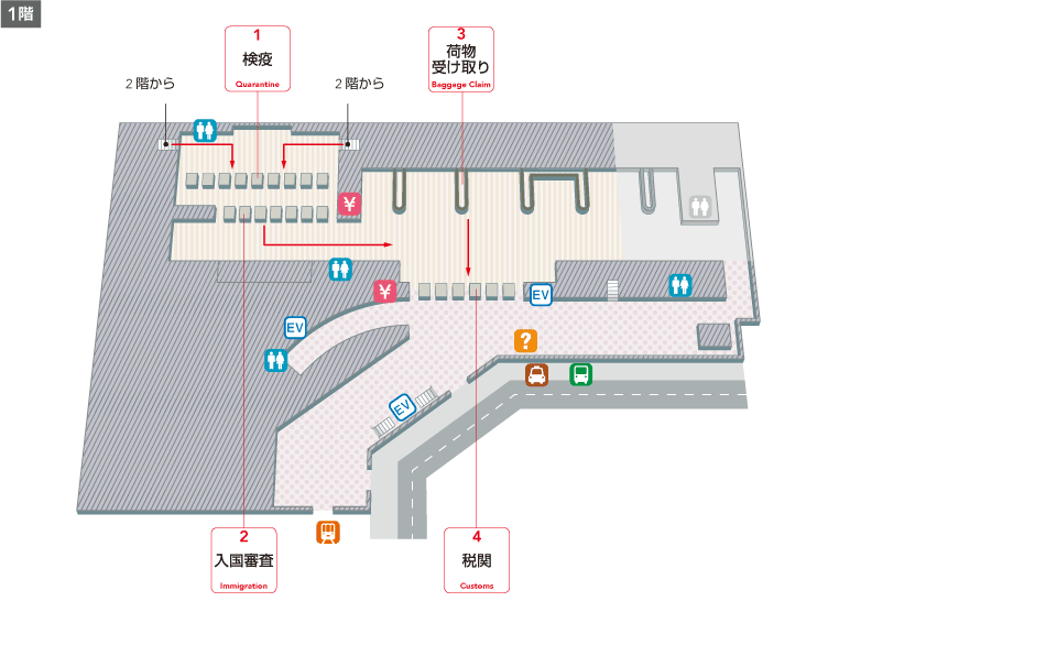 1階入国審査エリアには2階からの階段・エスカレーター、検疫、入国審査、荷物受け取り、税関、両替所、トイレ、階段・エスカレーター、外への出口があり、外にはバス・タクシー乗場があります。