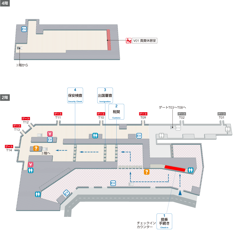 4階にはV01貴賓休憩室があります。
2階搭乗手続きエリアにはチェックインカウンター、空港案内、両替所、トイレがあります。