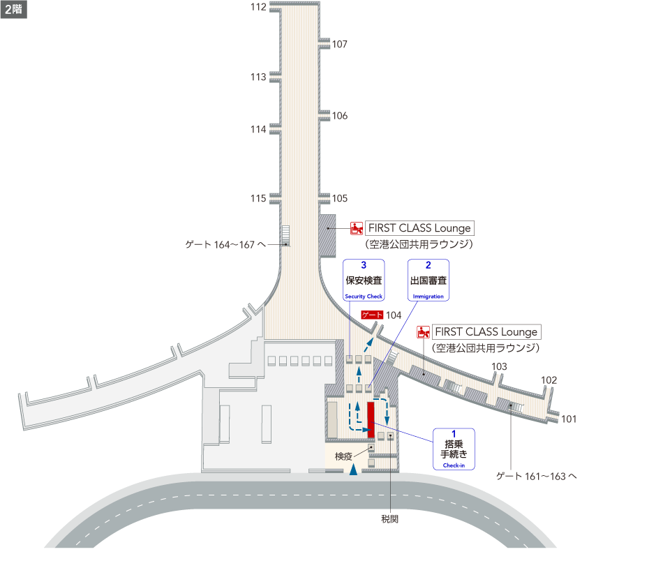2階には検疫、税関、搭乗手続き、出国審査があり、保安検査を通過すると階段・エスカレーター、FIRST CLASS Loung(空港公団共用ラウンジ)があります。