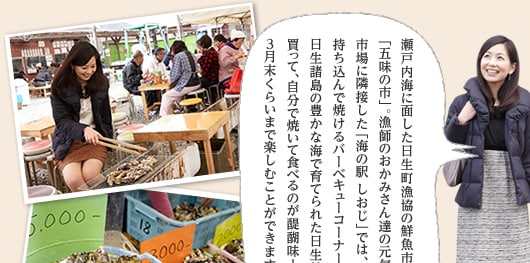 瀬戸内海に面した日生町漁協の鮮魚市場「五味の市」。漁師のおかみさん達の元気な声が響く市場に隣接した「海の駅 しおじ」では、好きな食材を持ち込んで焼けるバーベキューコーナーがあります。日生諸島の豊かな海で育てられた日生牡蠣を市場で買って、自分で焼いて食べるのが醍醐味！日生の牡蠣は3月末くらいまで楽しむことができます。