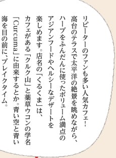 リピーターのファンも多い人気カフェ！ 高台のテラスで太平洋の絶景を眺めながら、ハーブをふんだんに使ったボリューム満点のアジアンフードやヘルシーなデザートを楽しめます。店名の「くるくま」は、カフェがある「クルク山」と薬草ウコンの学名「Curcuma」に由来するとか。青い空と青い海を目の前に、ブレイクタイム。時間を忘れてしまいそうです。