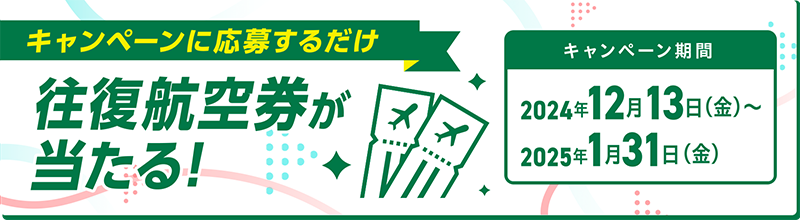 キャンペーンに応募するだけ、往復航空券が当たる！〔キャンペーン期間〕2024年12月13日金曜日～2025年1月31日金曜日まで