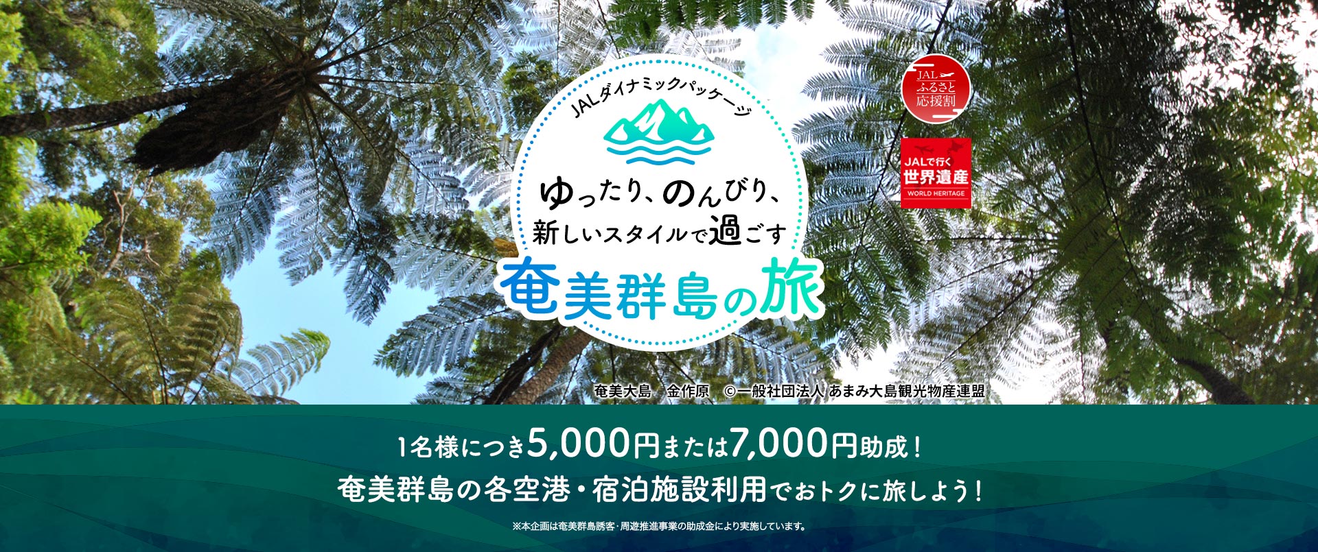 JALダイナミックパッケージ　ふるさと応援割　JALで行く世界遺産　ゆったり、のんびり、新しいスタイルで過ごす奄美群島の旅　1名様につき5,000円または7,000円助成！奄美群島の各空港・宿泊施設利用でおトクに旅しよう！ ※本企画は奄美群島誘客・周遊推進事業の助成金により実施しています。