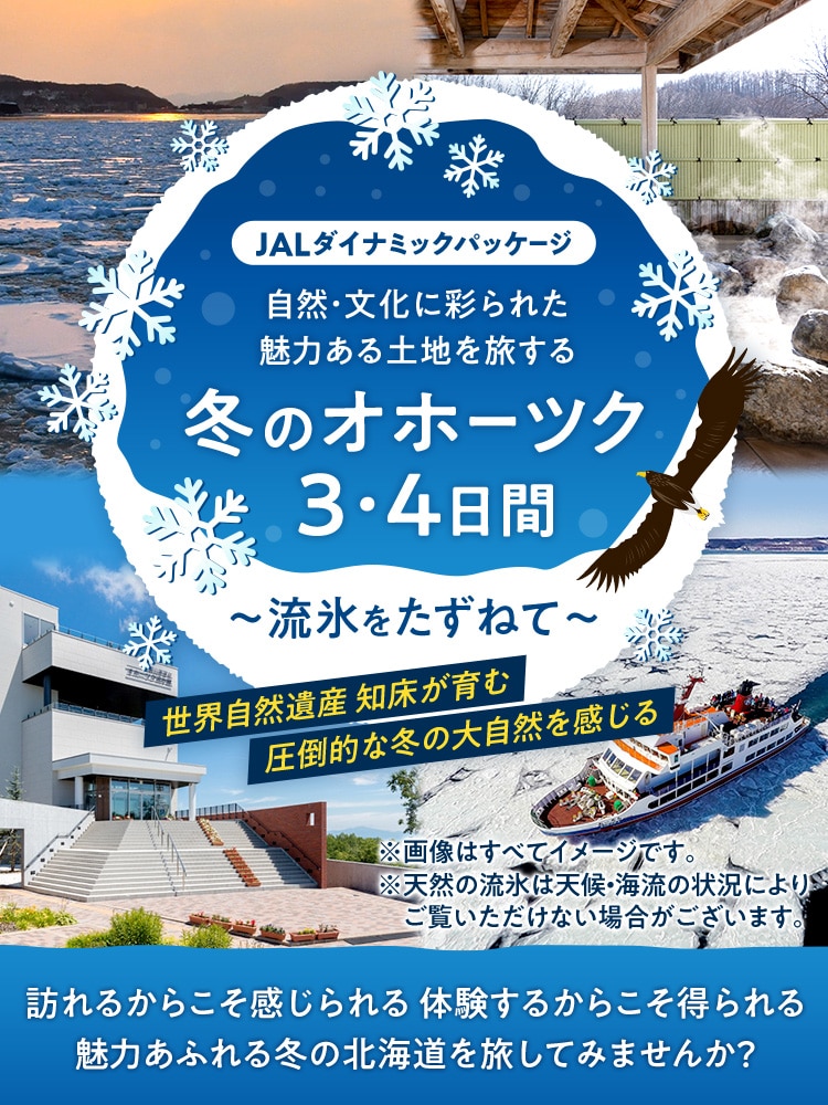 JALダイナミックパッケージ 自然・文化に彩られた魅力ある土地を旅する 冬のオホーツク3・4日間 流氷をたずねて 世界自然遺産 知床が育む圧倒的な冬の大自然を感じる 訪れるからこそ感じられる 体験するからこそ得られる魅力あふれる冬の北海道を旅してみませんか？