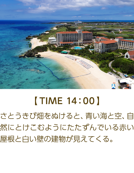 【TIME 14:00】 さとうきび畑をぬけると、青い海と空、自然にとけこむようにたたずんでいる赤い屋根と白い壁の建物が見えてくる。