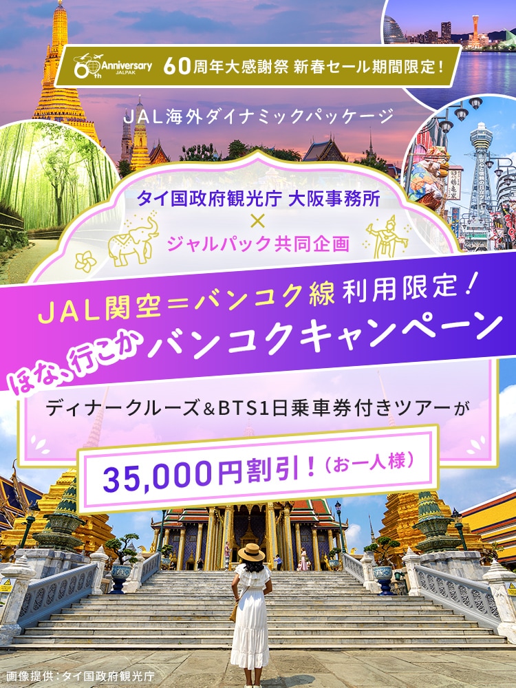 60周年大感謝祭 新春セール期間限定！ タイ国政府観光庁 大阪事務所 X ジャルパック共同企画 JAL関空－バンコク線利用限定！ ほな、行こかバンコクキャンペーン ディナークルーズ＆BTS1日乗車券付きツアーが 35,000円割引！（お一人様）