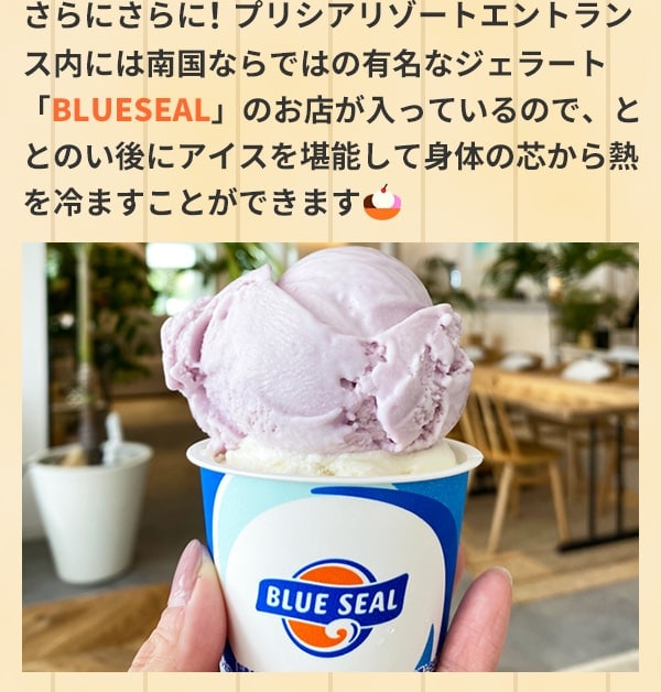 さらにさらに！プリシアリゾートエントランス内には南国ならではの有名なジェラート「BLUESEAL」のお店が入っているので、ととのい後にアイスを堪能して身体の芯から熱を冷ますことができます