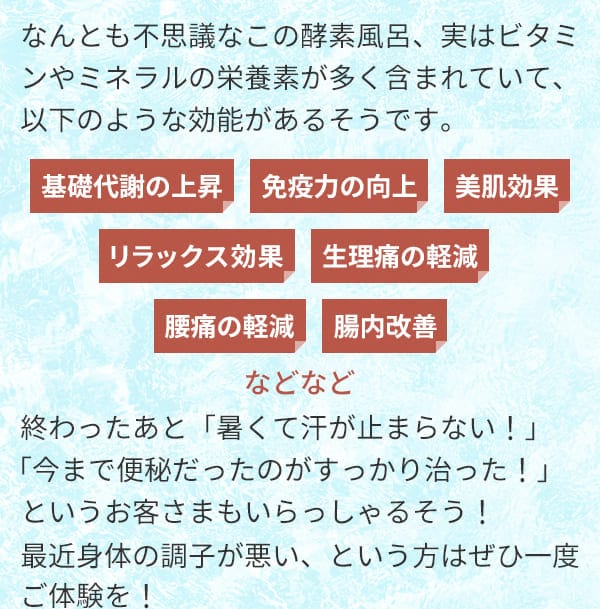 なんとも不思議なこの酵素風呂、実はビタミンやミネラルの栄養素が多く含まれていて、次のような効能があるそうです。基礎代謝の上昇 免疫力の向上 美肌効果 リラックス効果 生理痛の軽減 腰痛の軽減 腸内改善などなど