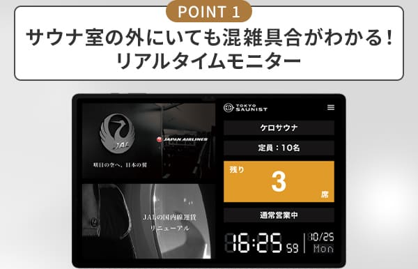 POINT 1 サウナ室の外にいても混雑具合がわかる！リアルタイムモニター