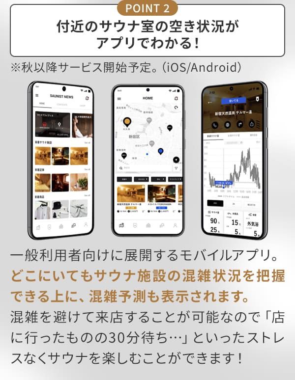 POINT 2 付近のサウナ室の空き状況がアプリでわかる！
