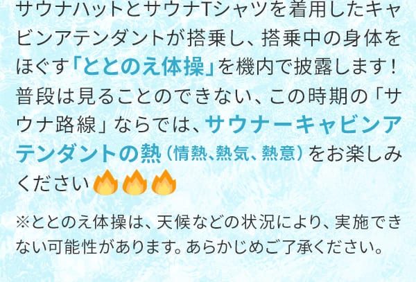 サウナハットとサウナTシャツを着用したキャビンアテンダントが搭乗し、搭乗中の身体をほぐす「ととのえ体操」を機内で披露します！普段は見ることのできない、この時期の「サウナ路線」ならでは、サウナーキャビンアテンダントの熱（情熱、熱気、熱意）をお楽しみください