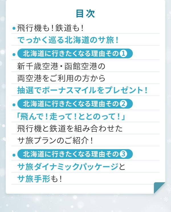 目次 飛行機も！鉄道も！でっかく巡る北海道のサ旅！ 北海道に行きたくなる理由その1 新千歳空港・函館空港の両空港をご利用の方から抽選でボーナスマイルをプレゼント！ 北海道に行きたくなる理由その2 「飛んで！走って！ととのって！」飛行機と鉄道を組み合わせたサ旅プランのご紹介！ 北海道に行きたくなる理由その3 サ旅ダイナミックパッケージとサ旅手形も！