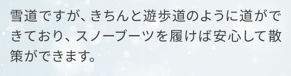 雪道ですが、きちんと遊歩道のように道ができており、スノーブーツを履けば安心して散策ができます。