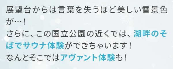 展望台からは言葉を失うほど美しい雪景色が…！さらに、この国立公園の近くでは、湖畔のそばでサウナ体験ができちゃいます！なんとそこではアヴァント体験も！