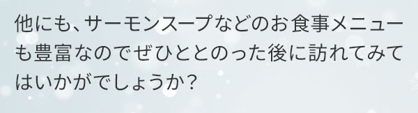 他にも、サーモンスープなどのお食事メニューも豊富なのでぜひととのった後に訪れてみてはいかがでしょうか？