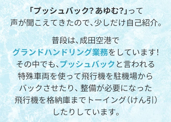 「プッシュバック？あゆむ？」って声が聞こえてきたので、少しだけ自己紹介。普段は、成田空港でグランドハンドリング業務をしています！その中でも、プッシュバックと言われる特殊車両を使って飛行機を駐機場からバックさせたり、整備が必要になった飛行機を格納庫までトーイング（けん引）したりしています。