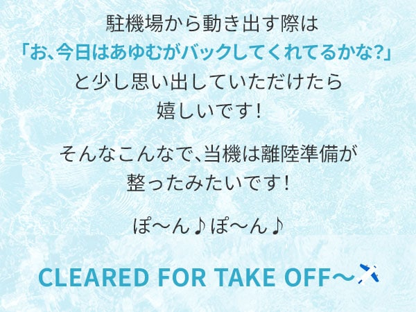 駐機場から動き出す際は「お、今日はあゆむがバックしてくれてるかな？」と少し思い出していただけたら嬉しいです！そんなこんなで、当機は離陸準備が整ったみたいです！ぽ～ん♪ぽ～ん♪ CLEARED FOR TAKE OFF