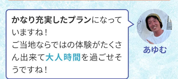 あゆむ　かなり充実したプランになっていますね！ご当地ならではの体験がたくさん出来て大人時間を過ごせそうですね