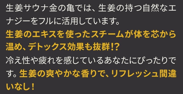 生姜サウナ金の亀では、生姜の持つ自然なエナジーをフルに活用しています。生姜のエキスを使ったスチームが体を芯から温め、デトックス効果も抜群！？冷え性や疲れを感じているあなたにぴったりです。生姜の爽やかな香りで、リフレッシュ間違いなし！