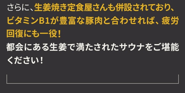 さらに、生姜焼き定食屋さんも併設されており、ビタミンB1が豊富な豚肉と合わせれば、疲労回復にも一役！都会にある生姜で満たされたサウナをご堪能ください！