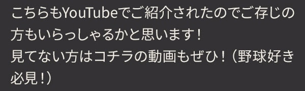 こちらもYouTubeでご紹介されたのでご存じの方もいらっしゃるかと思います！見てない方はコチラの動画もぜひ！（野球好き必見！）