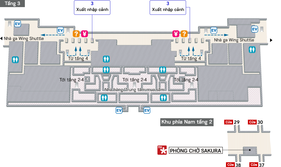 Sau khi qua cửa kiểm soát khách nhập cư trên tầng 3, bạn sẽ thấy văn phòng đổi tiền, quầy thông tin sân bay và cầu thang / thang cuốn xuống tầng 2 và lên tầng 4. Trên tầng 2, bạn sẽ thấy phòng chờ Sakura.
