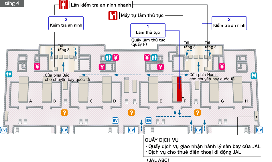Tại khu vực Khởi hành tầng 4, có quầy làm thủ tục, máy làm thủ tục tự động, quầy thông tin sân bay, văn phòng đổi tiền, nhà vệ sinh, quầy dịch vụ vận chuyển hành lý sân bay của JAL (ABC) và quầy dịch vụ cho thuê điện thoại di động của JAL (QL liner) . Khi đi bạn qua cửa an ninh và Hàng kiểm tra An ninh nhanh, bạn sẽ thấy cầu thang / thang cuốn lên tầng 3.