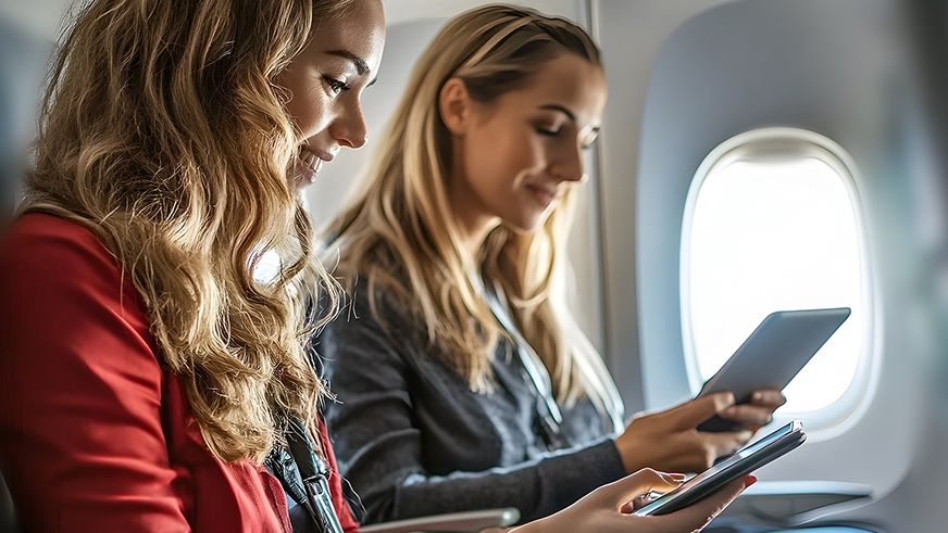 Flight Attendant Assisting Passenger with In-Flight Tablet Wi-Fi Connection